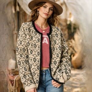 Vtg Neckworks Tan Black Wool Angora Blend Zip Nordic Grandma Sweater Size XL